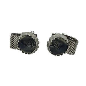 Vintage Mens Silver Mesh Cufflinks With Hypnotic Swirl Design